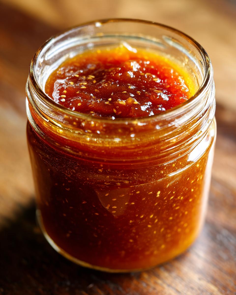 Close-up of a glass jar filled with Irresistible Honey BBQ Sauce, showing its rich color and texture.
