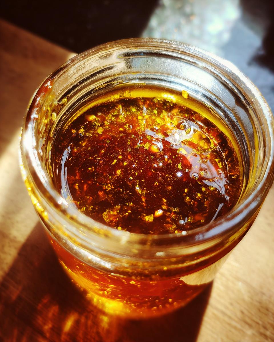 Close-up of a glass jar filled with glistening Irresistible Honey BBQ Sauce, showing texture and shine.