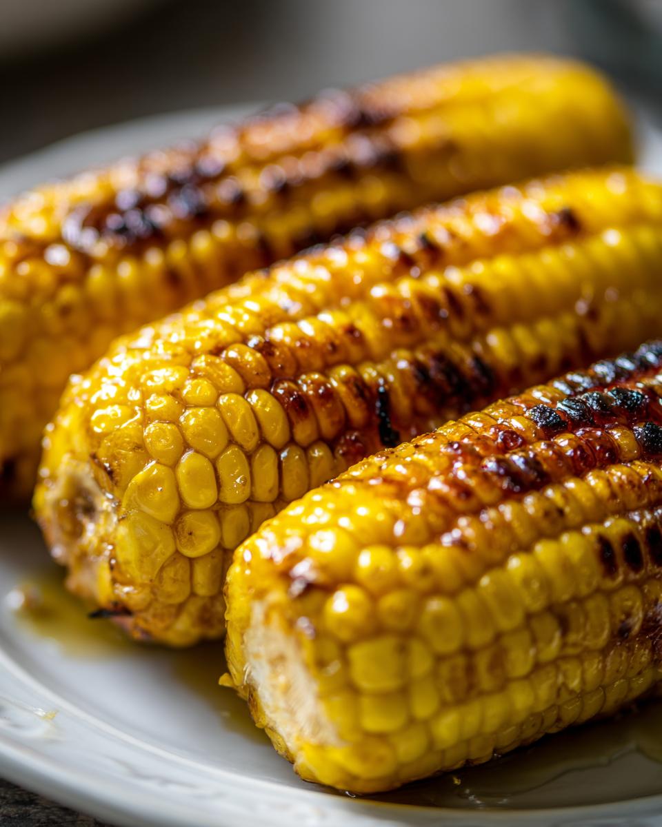 Close-up of three ears of Irresistible Honey Butter Skillet Corn, glistening and slightly charred, served on a white plate.