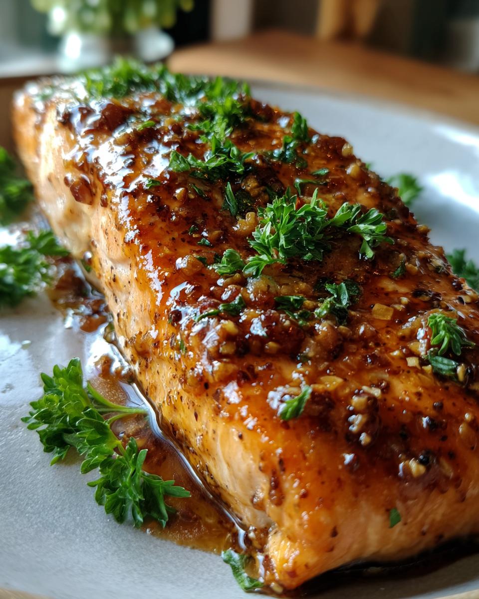 A close-up of a glistening fillet of Irresistible Honey Garlic Salmon, garnished with fresh parsley.
