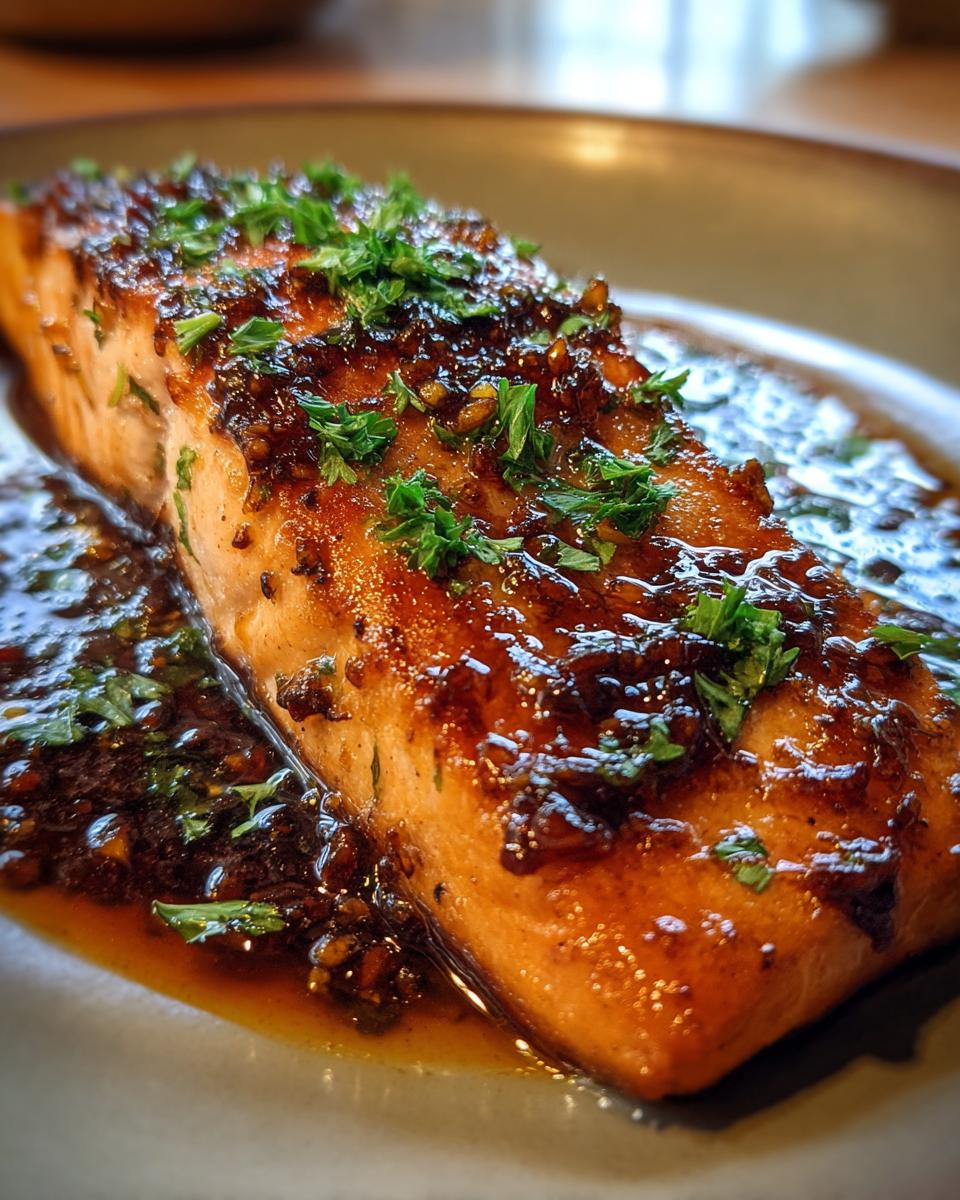 A close-up of an irresistible honey garlic salmon fillet, glistening with sauce and sprinkled with fresh parsley.