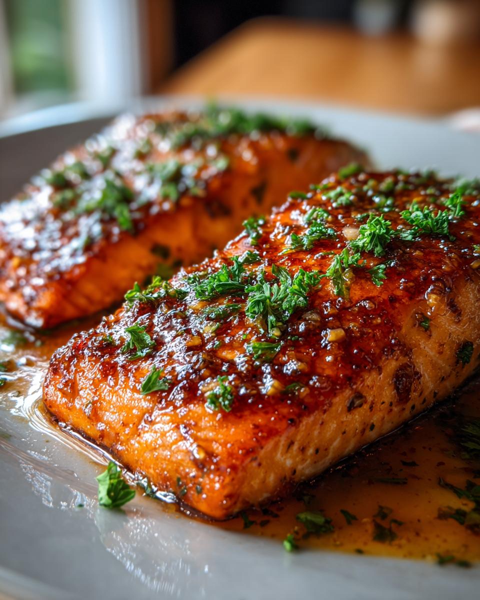 Two glistening fillets of Irresistible Honey Garlic Salmon, glazed and garnished with fresh parsley.