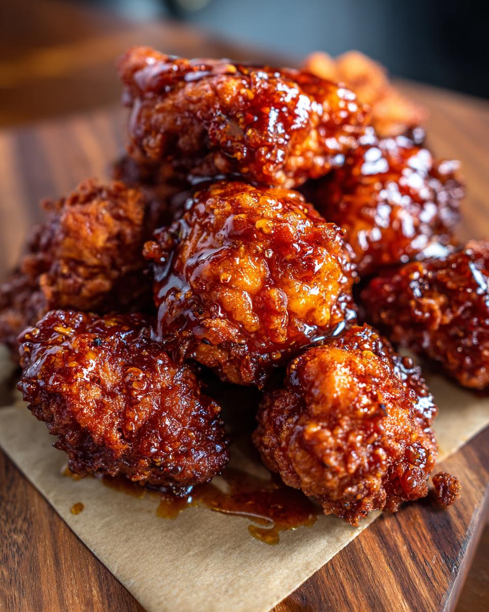 Close-up of crispy chicken bites coated in a glistening Irresistible Hot Honey glaze.