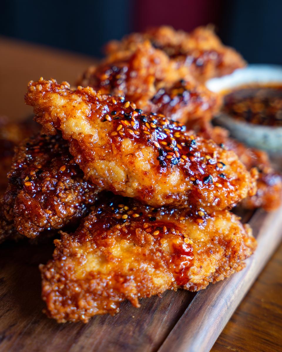Close-up of crispy fried chicken wings coated in a glistening Irresistible Hot Honey glaze, sprinkled with sesame seeds.