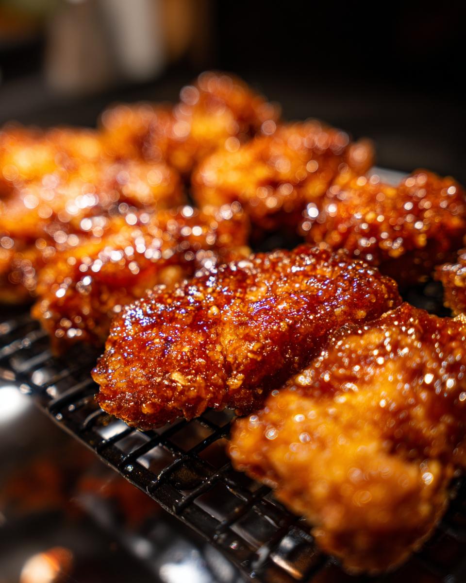 Close-up of crispy fried chicken wings coated in a glistening Irresistible Hot Honey glaze.