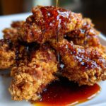 Close-up of crispy fried chicken pieces being drizzled with Irresistible Hot Honey.