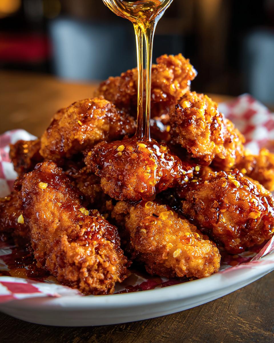 Close-up of crispy chicken wings being drizzled with an Irresistible Hot Honey glaze.