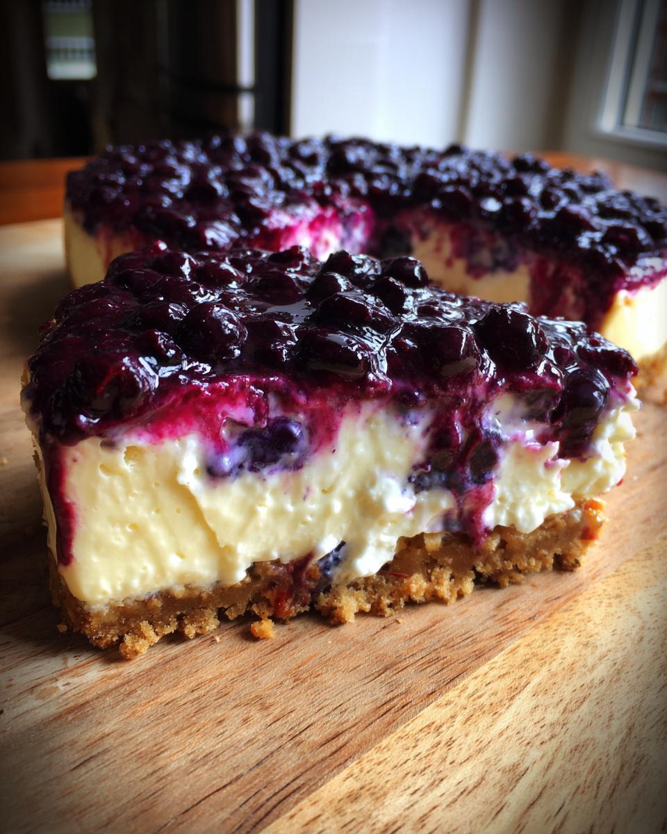 A delicious slice of Irresistible No Bake Blueberry Cheesecake with a creamy filling and blueberry topping.