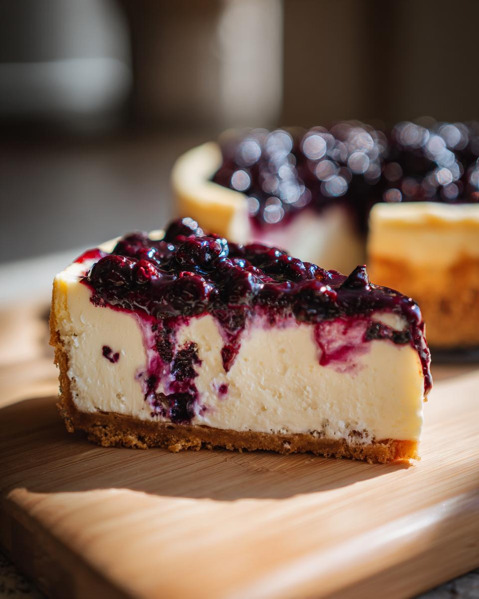 A slice of irresistible no bake blueberry cheesecake with a graham cracker crust and blueberry topping.