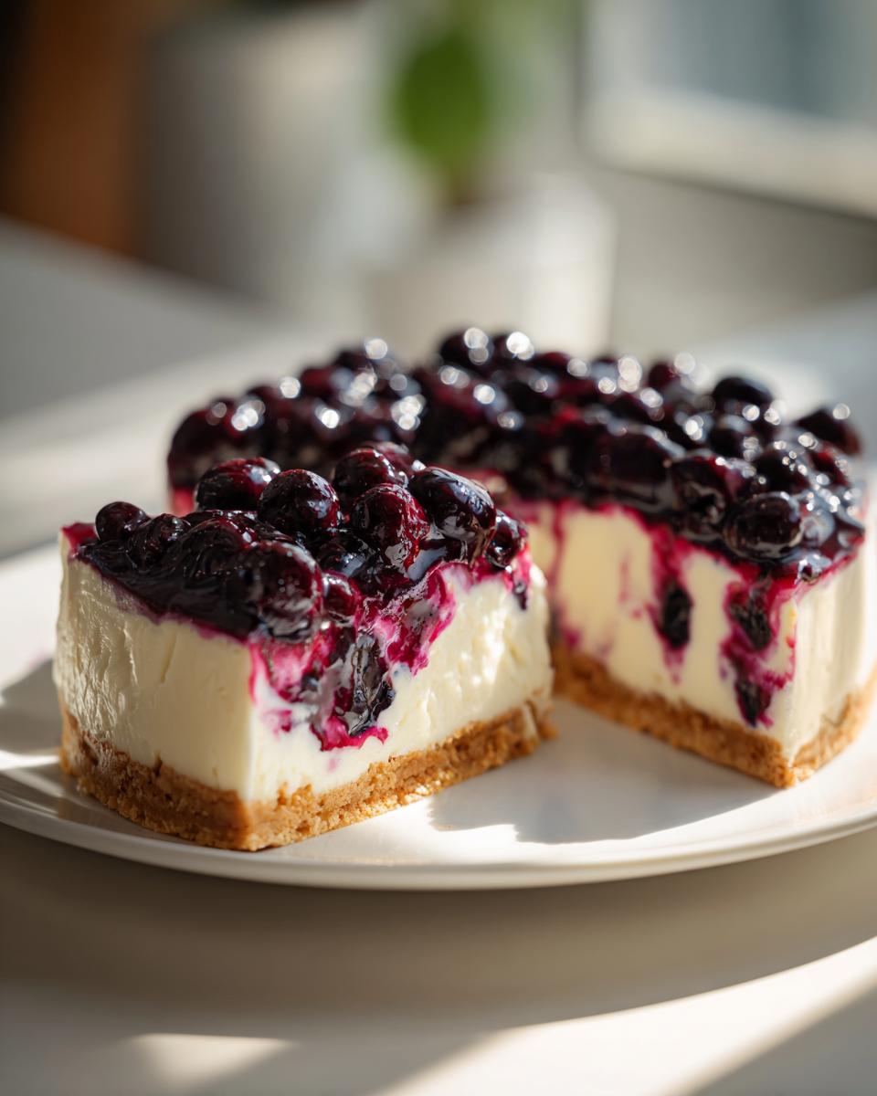 Two slices of Irresistible No Bake Blueberry Cheesecake on a white plate, topped with a generous blueberry compote.