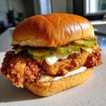 Close-up of an Irresistible Popeyes Chicken Sandwich Recipe with crispy fried chicken, pickles, and mayo on a bun.
