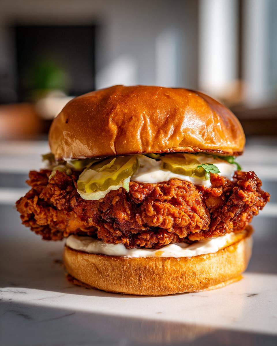 A close-up of an Irresistible Popeyes Chicken Sandwich Recipe, featuring crispy fried chicken, pickles, and creamy sauce on a brioche bun.