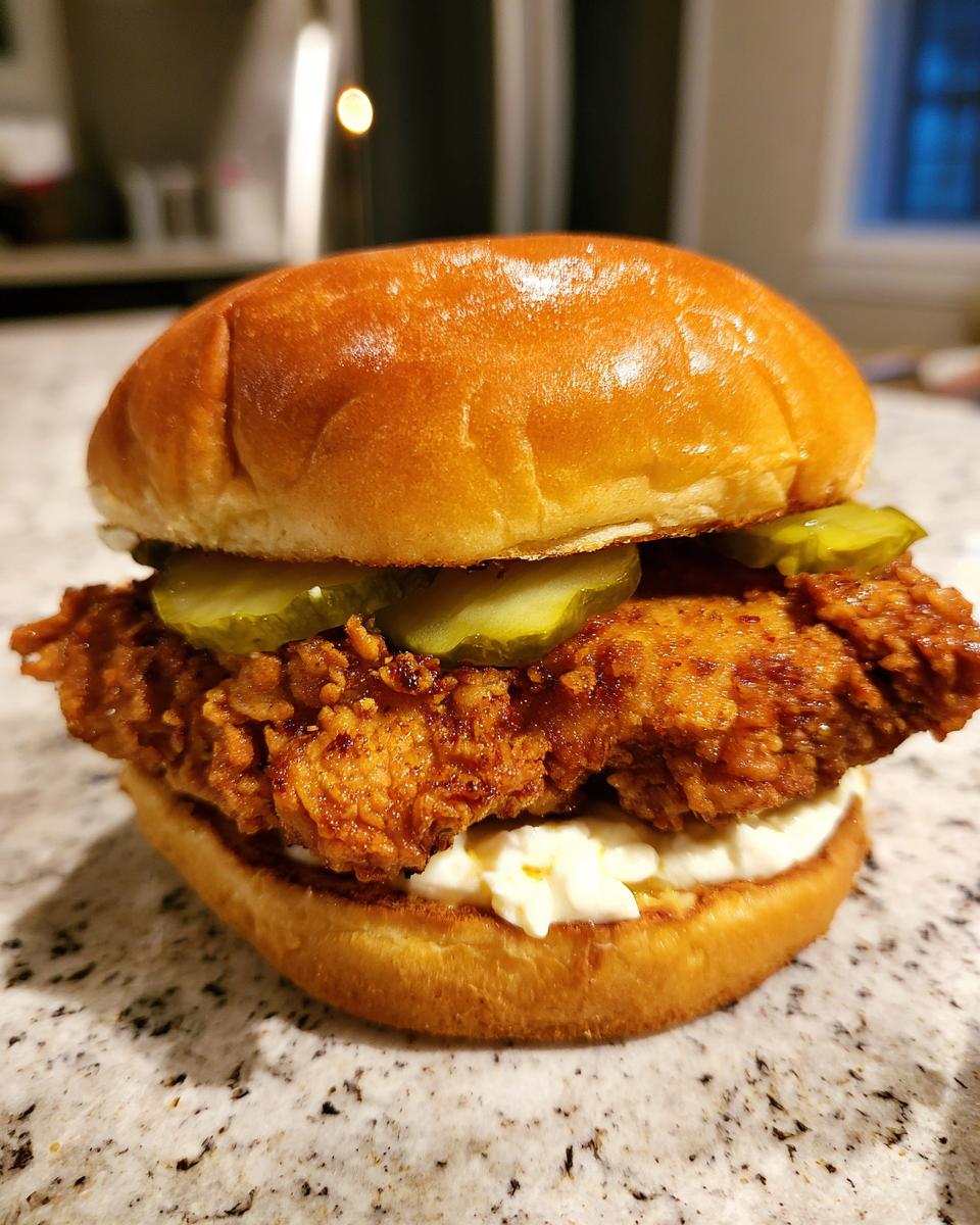 A close-up of an irresistible Popeyes chicken sandwich recipe with crispy fried chicken, pickles, and mayonnaise on a brioche bun.