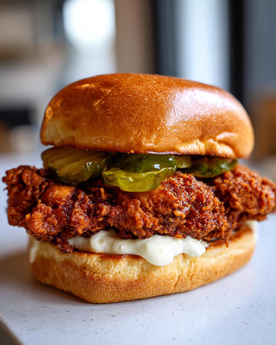A close-up of an Irresistible Popeyes Chicken Sandwich Recipe, featuring crispy fried chicken, pickles, and mayonnaise on a brioche bun.