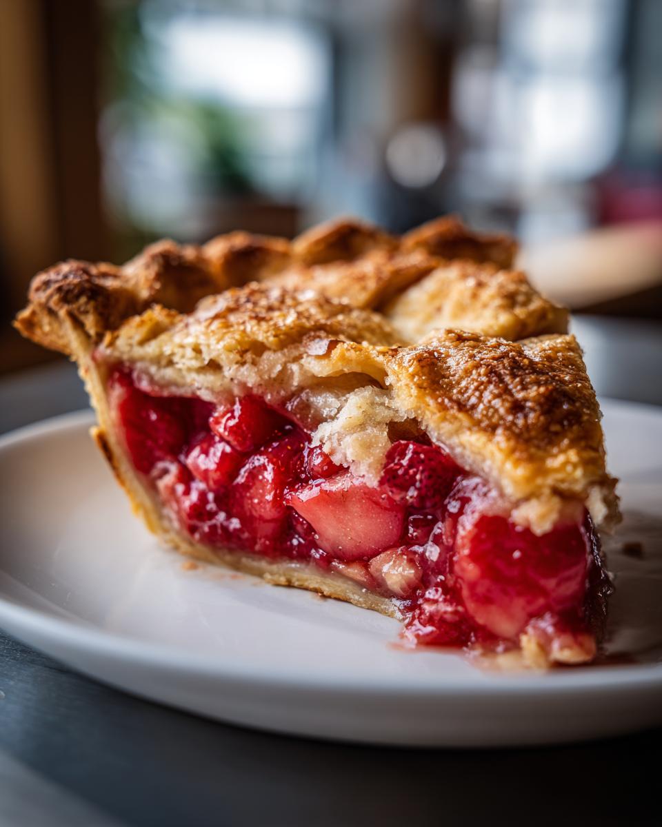 A slice of irresistible rhubarb pie with a flaky crust and a vibrant red filling on a white plate.