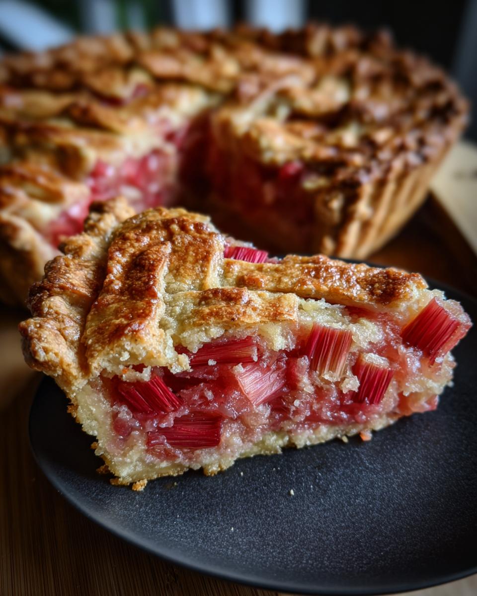A close-up of a slice of Irresistible Rhubarb Pie, showcasing the vibrant pink rhubarb filling and golden lattice crust.