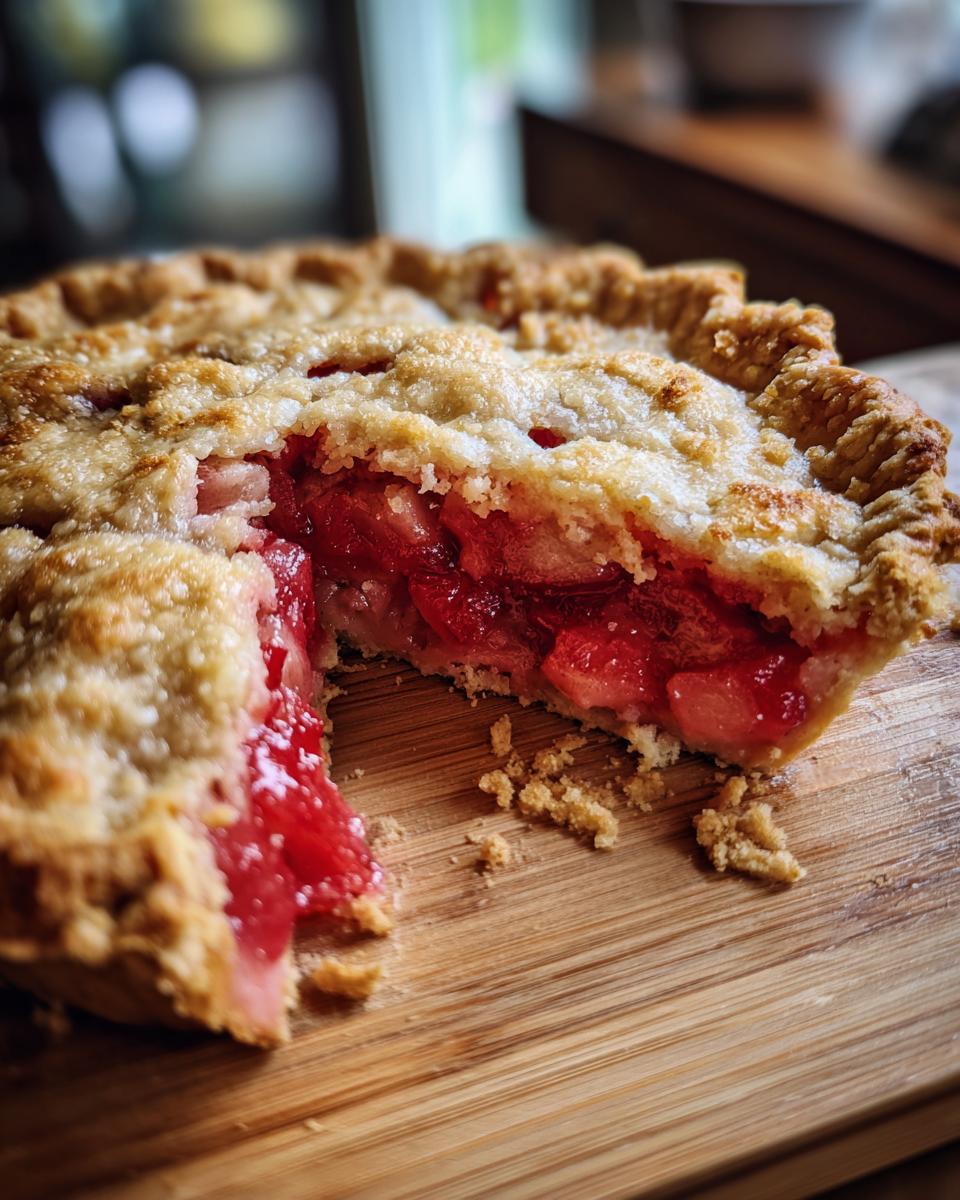 Close-up of a slice of Irresistible Rhubarb Pie, showcasing the juicy red filling and golden-brown crust.