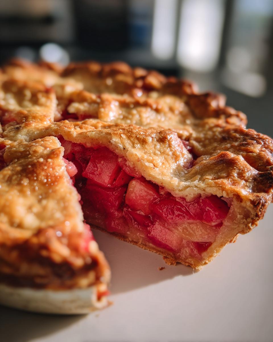 Close-up of a slice of Irresistible Rhubarb Pie Recipe, showing the flaky golden crust and vibrant pink rhubarb filling.