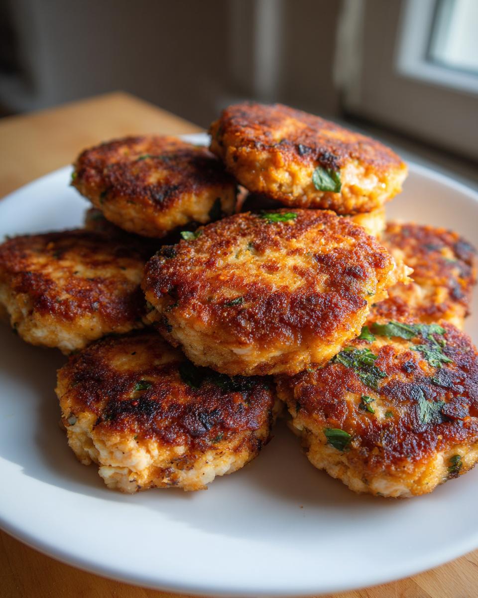 A stack of golden-brown, pan-fried salmon cakes made with canned salmon, sprinkled with fresh parsley.
