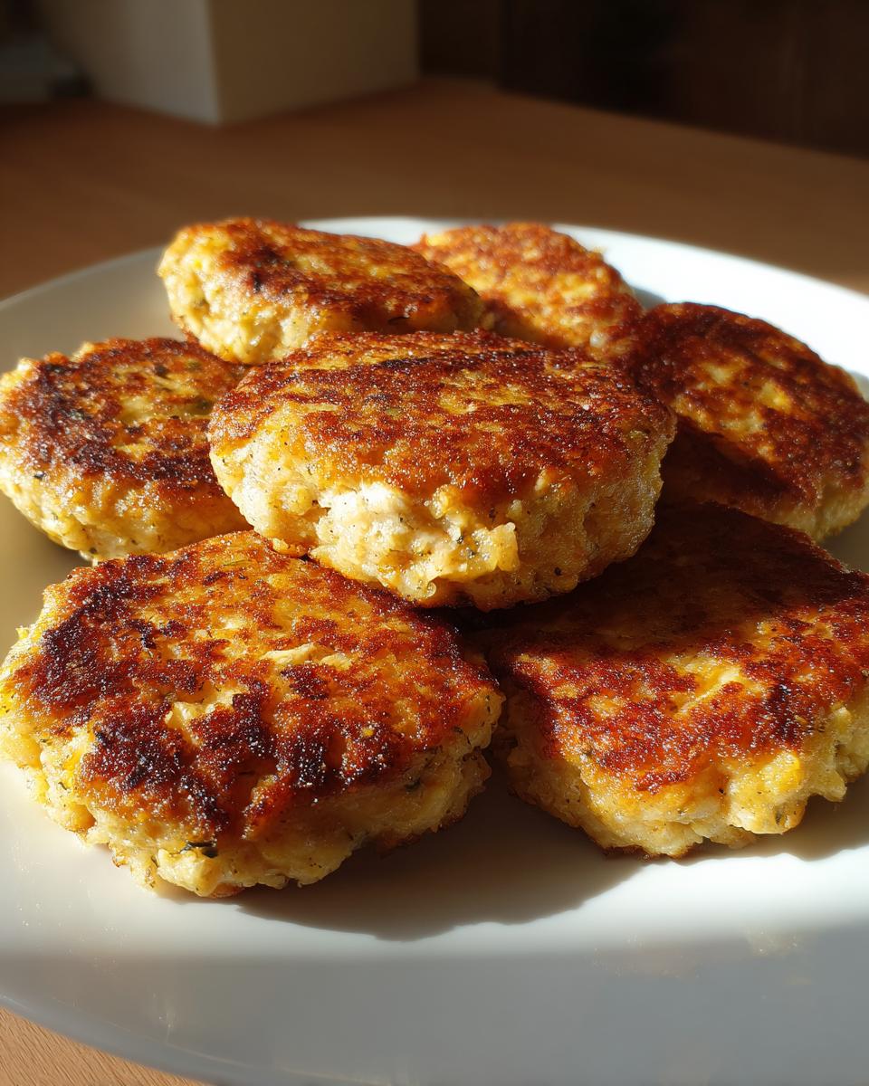 A stack of golden-brown, irresistible salmon cakes made with canned salmon, piled on a white plate.