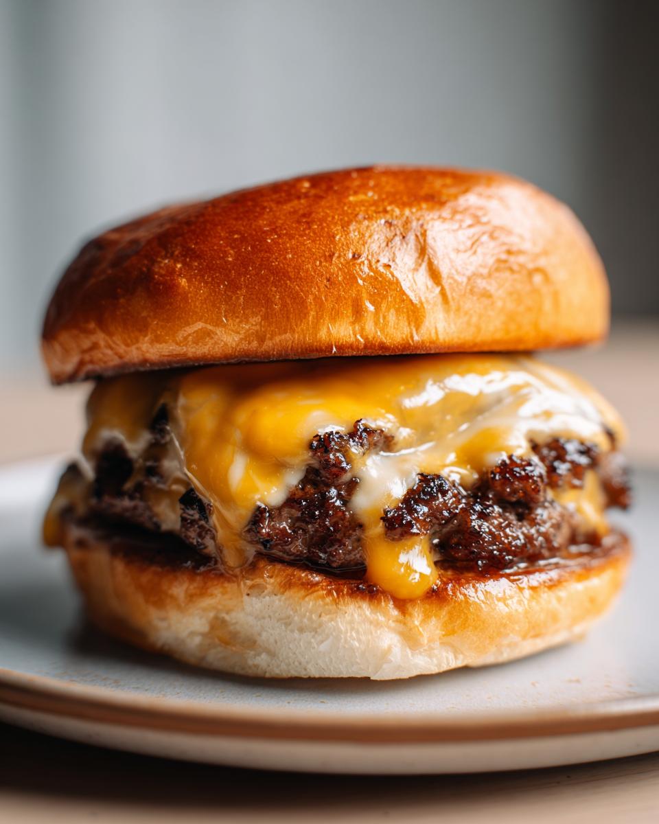 Close-up of an irresistible smash burger with melted cheese oozing over the juicy patties and golden brioche bun.