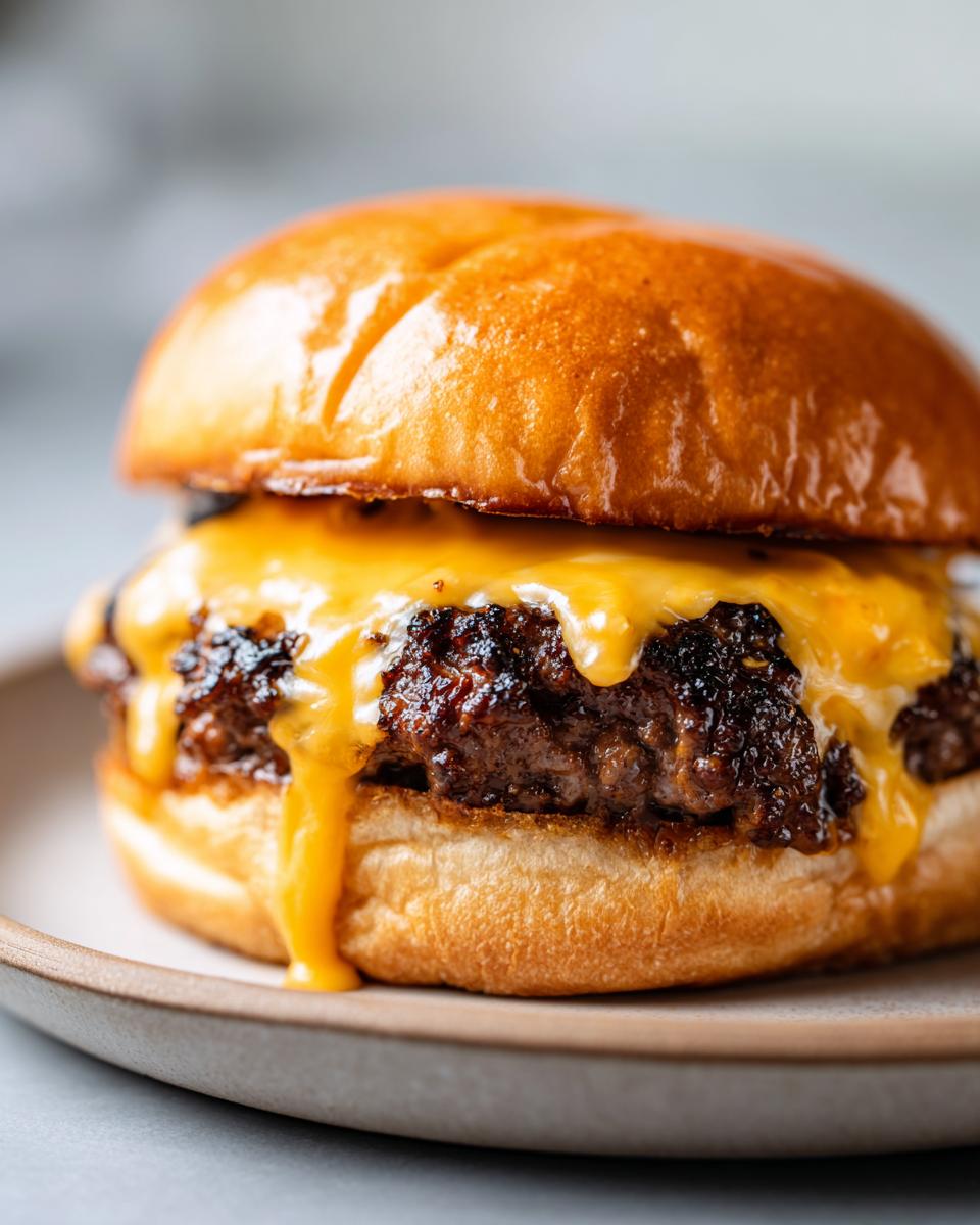 Close-up of an irresistible smash burger with melted cheddar cheese oozing down the sides.