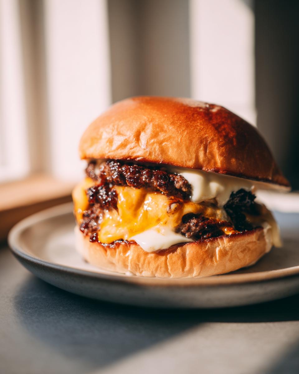 A close-up of an irresistible smash burger recipe, featuring two juicy patties, melted cheese, and a toasted bun.