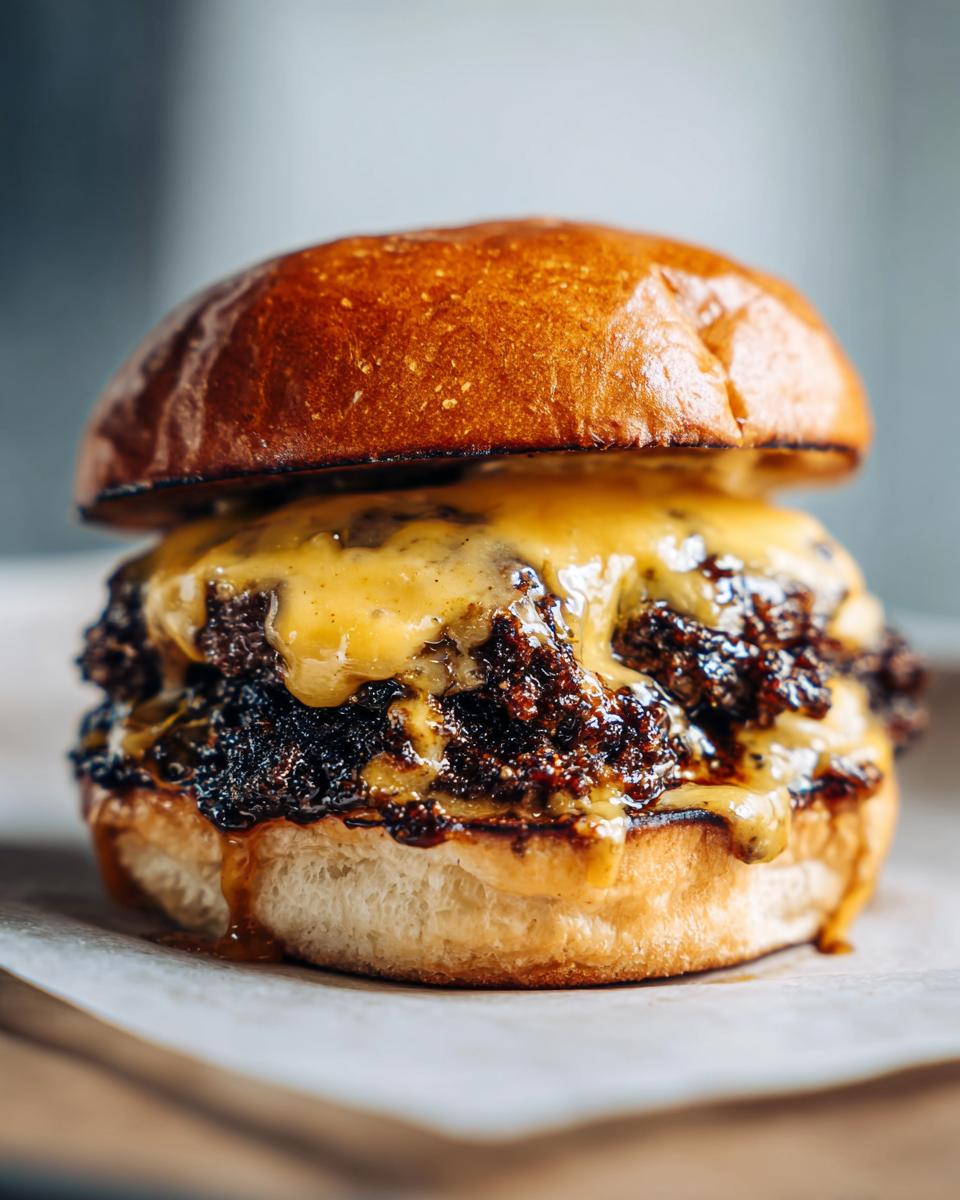 Close-up of an irresistible smash burger recipe, featuring two juicy patties with melted cheese on a toasted bun.