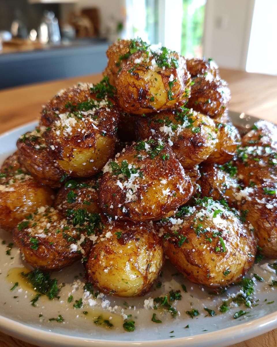 A pile of golden-brown, crispy smashed potatoes topped with grated cheese and fresh parsley.