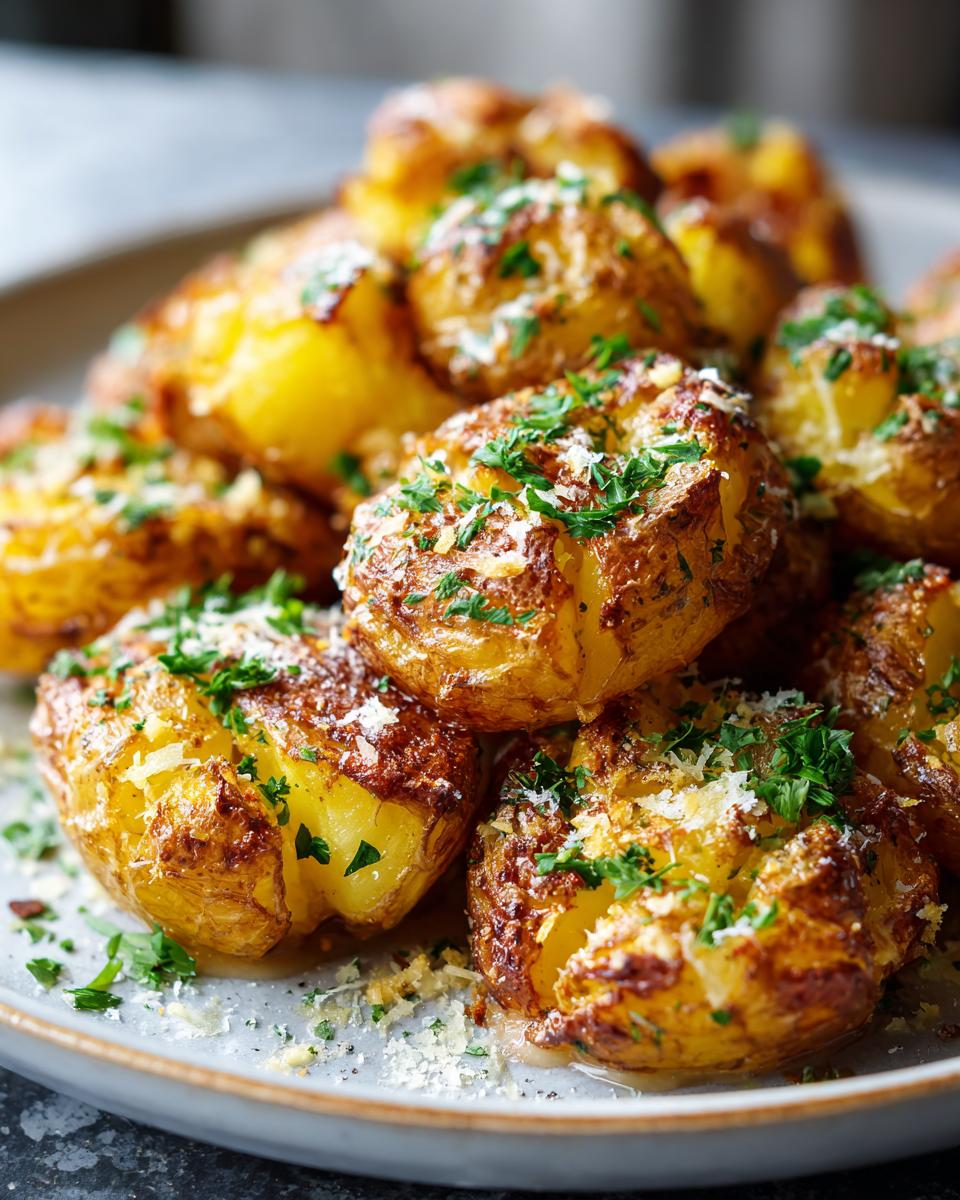 Close-up of Irresistible Smashed Potatoes, golden brown and crispy, topped with grated cheese and fresh parsley.