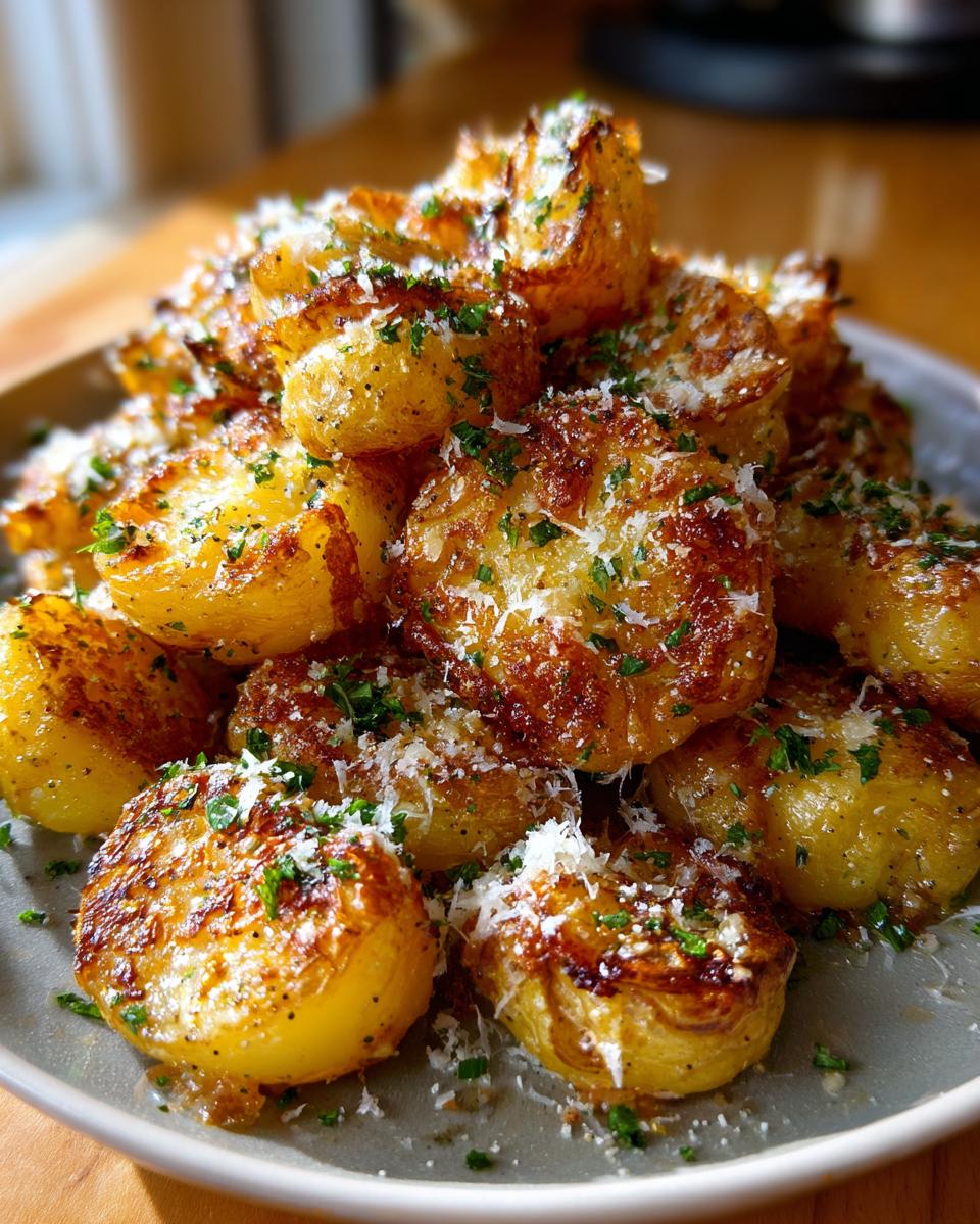 A pile of Irresistible Smashed Potatoes, golden brown and crispy, sprinkled with Parmesan cheese and parsley.