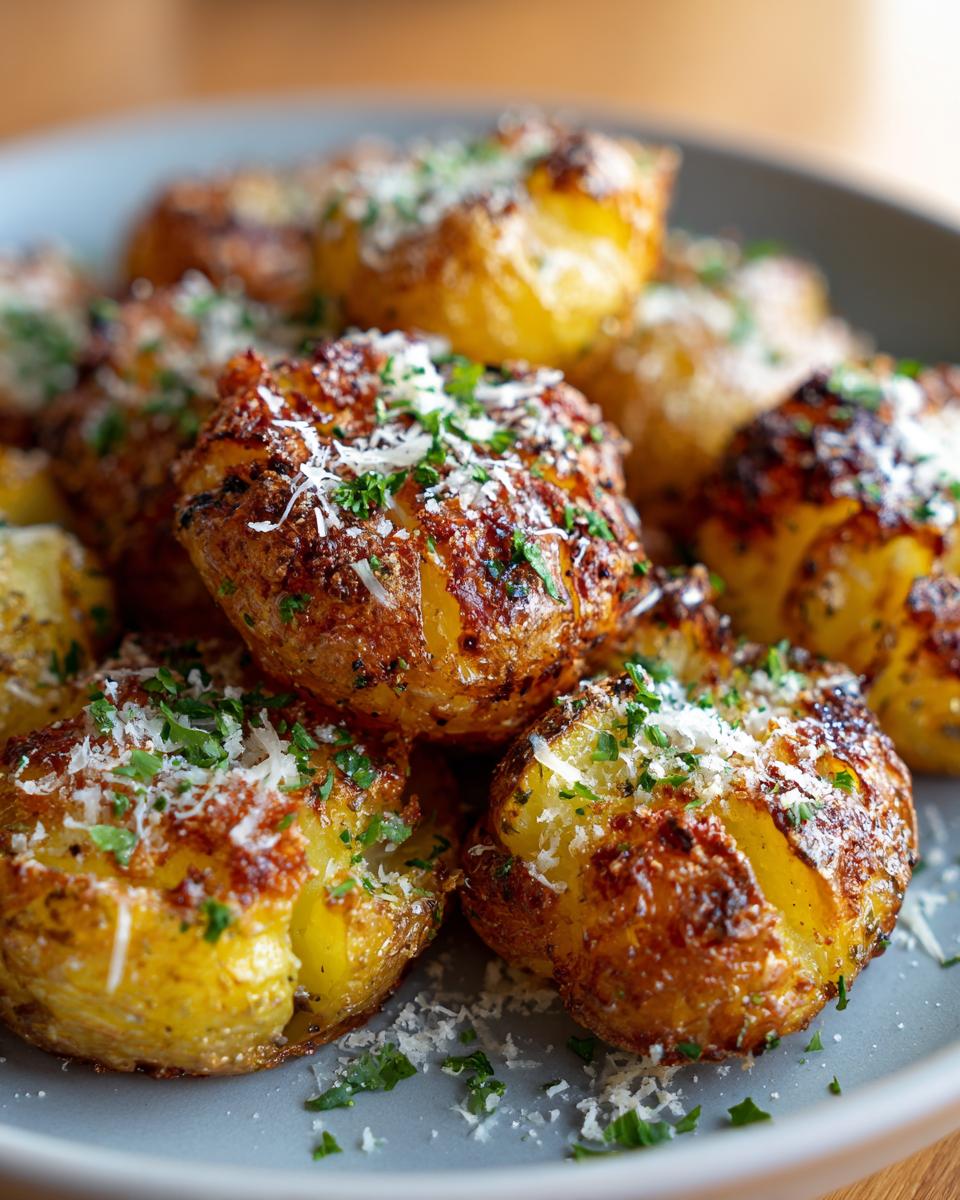 A close-up of Irresistible Smashed Potatoes, golden brown and crispy, topped with grated Parmesan cheese and fresh parsley.