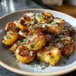 A close-up of Irresistible Smashed Potatoes, crispy and golden, topped with grated Parmesan cheese and fresh parsley.