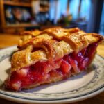 A close-up of a slice of Irresistible Strawberry Rhubarb Pie Recipe, showcasing the flaky lattice crust and vibrant filling.