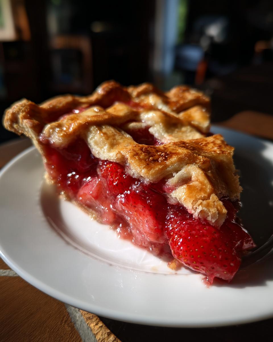 A close-up of a slice of Irresistible Strawberry Rhubarb Pie, showcasing the flaky crust and juicy filling.