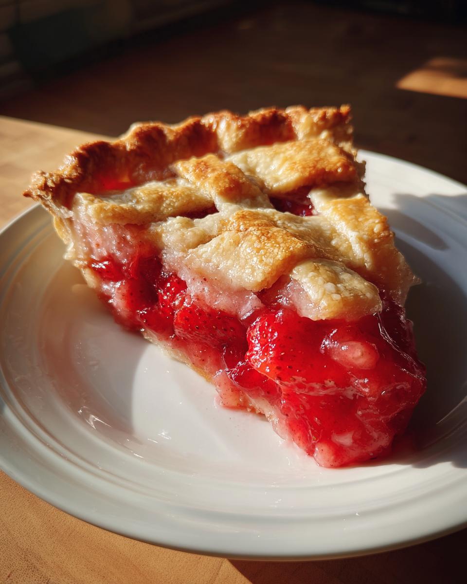 A close-up of a slice of Irresistible Strawberry Rhubarb Pie on a white plate, showcasing the lattice crust and vibrant filling.