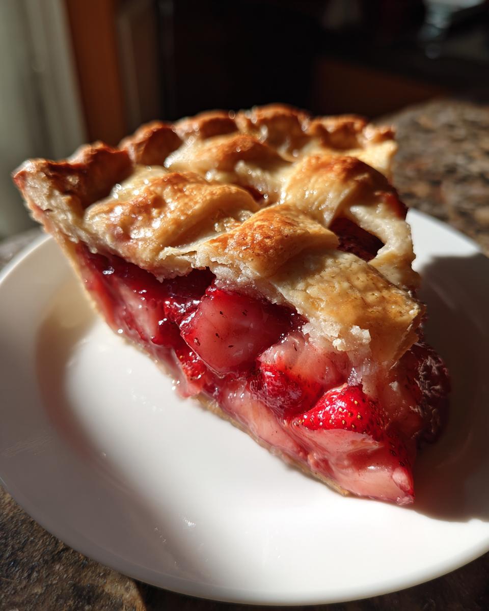A delicious slice of Irresistible Strawberry Rhubarb Pie Recipe, showcasing its lattice crust and juicy filling.