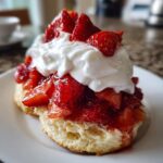 A close-up of an Irresistible Strawberry Shortcake, featuring a fluffy biscuit topped with macerated strawberries and whipped cream.
