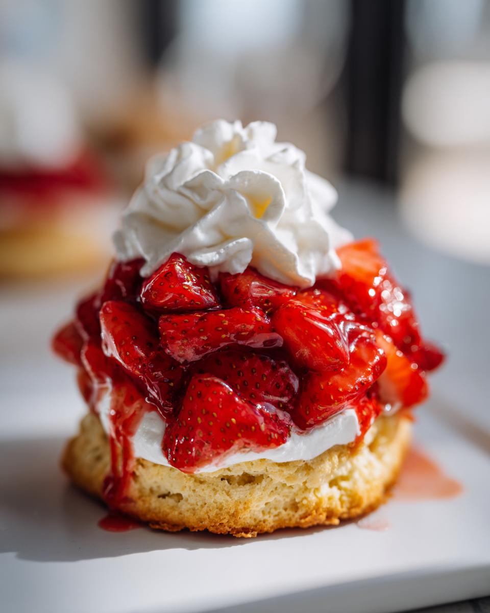 A close-up of an Irresistible Strawberry Shortcake, featuring a biscuit topped with whipped cream and macerated strawberries.