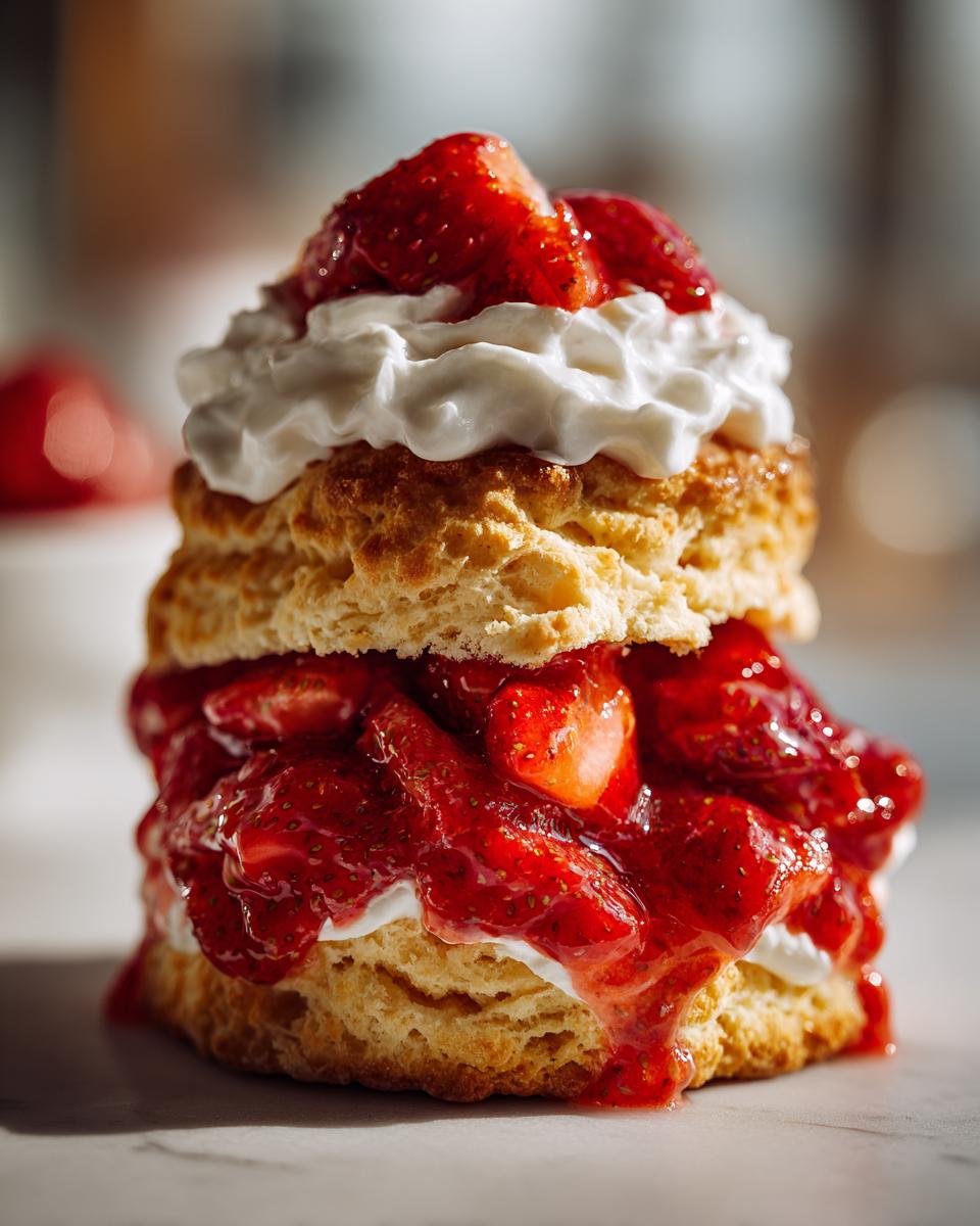 A close-up of an Irresistible Strawberry Shortcake, layered with fresh strawberries, whipped cream, and a flaky biscuit.