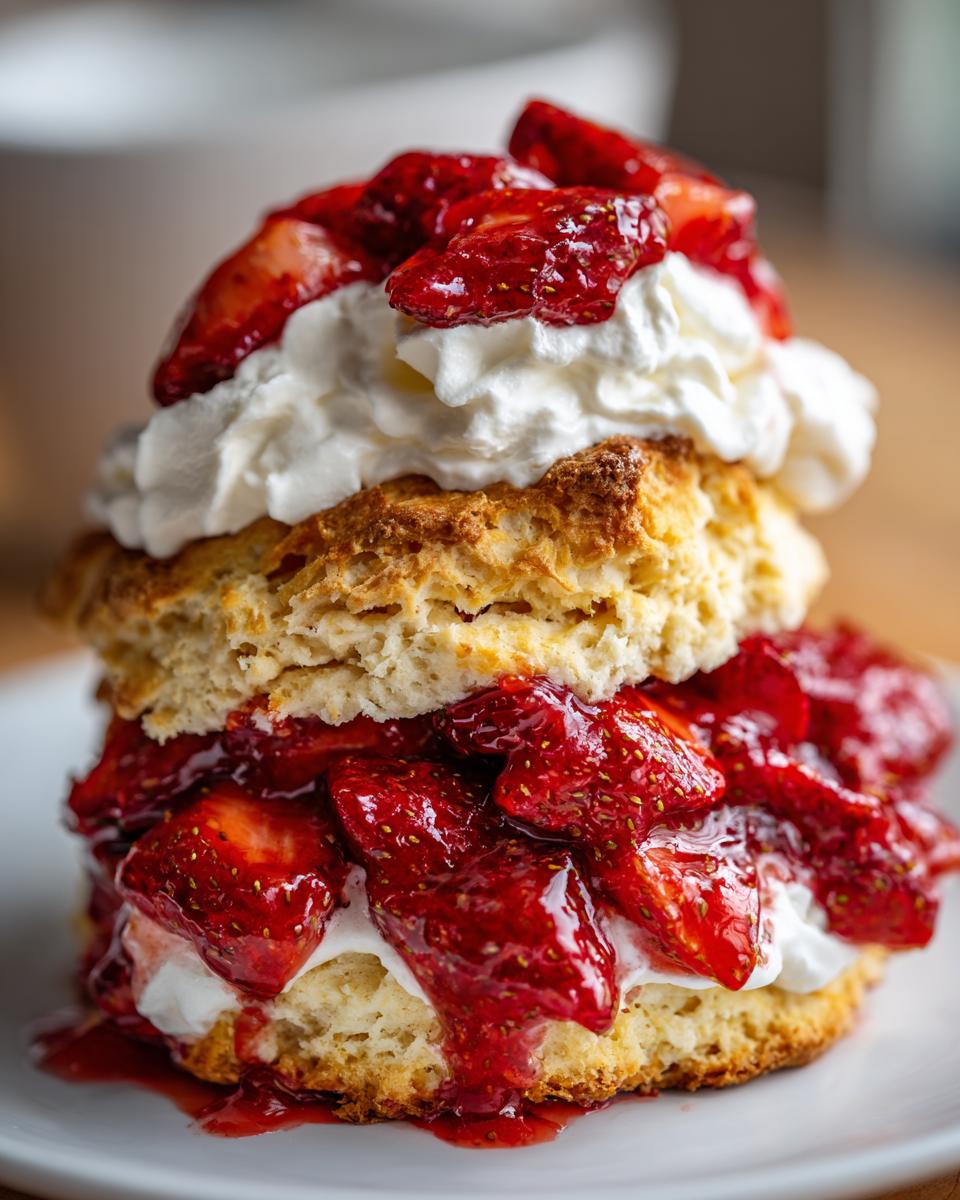 A close-up of an Irresistible Strawberry Shortcake with fluffy whipped cream and juicy strawberries between layers of biscuit.