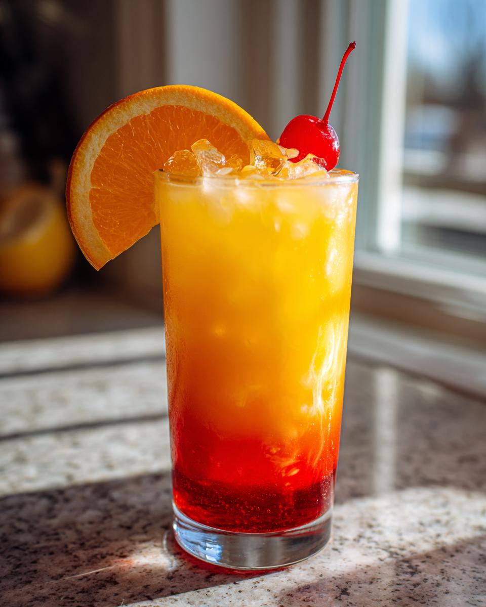 A vibrant Jamaican Me Happy Mocktail with layered orange and red colors, garnished with an orange slice and maraschino cherry.