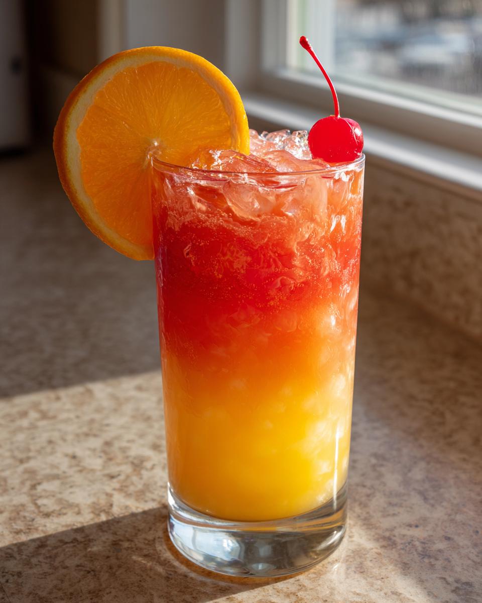 A tall glass filled with a vibrant, layered Jamaican Me Happy Mocktail, garnished with an orange slice and a maraschino cherry.