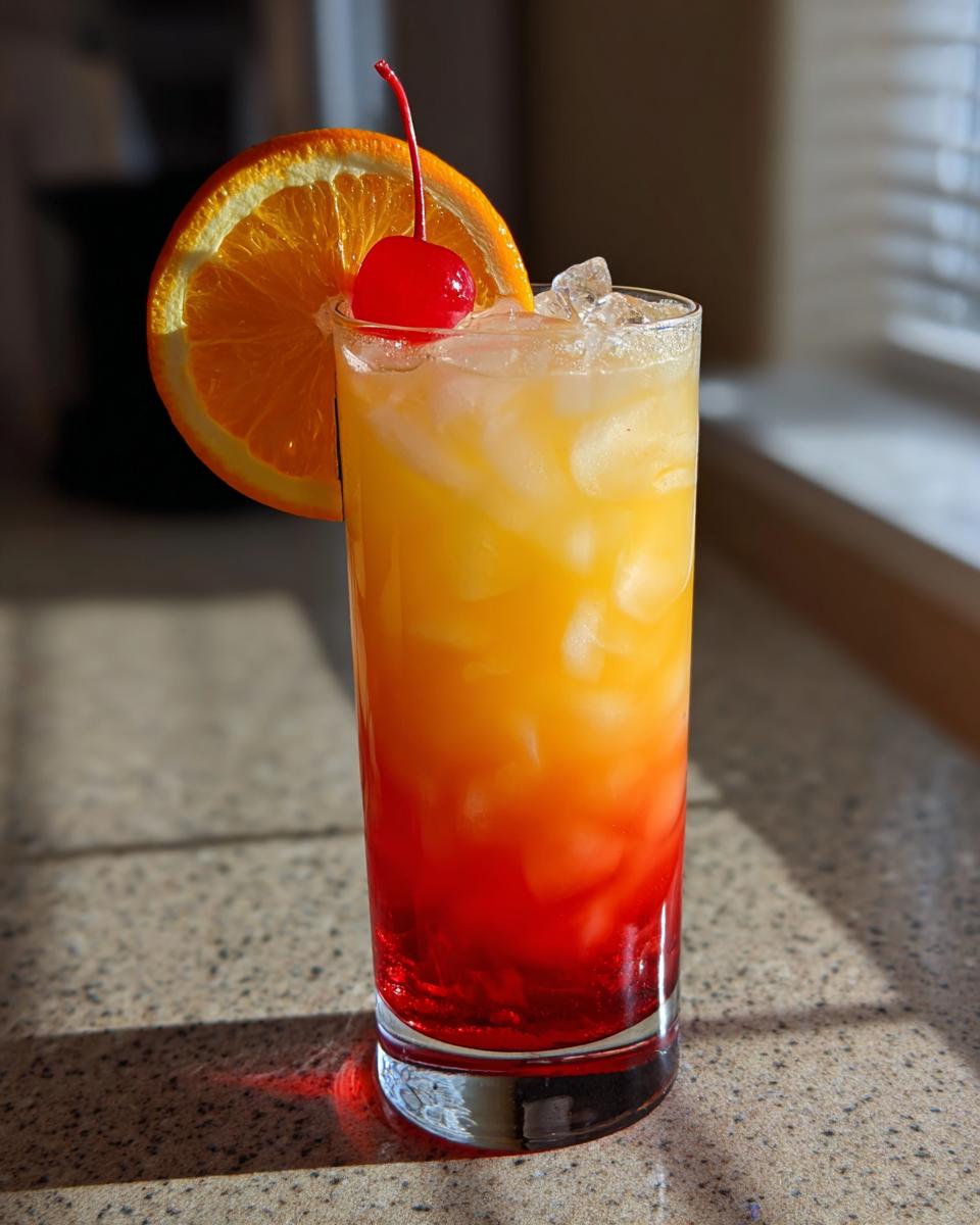 A vibrant Jamaican Me Happy Mocktail layered with red and orange juices, filled with ice, and garnished with an orange slice and maraschino cherry.