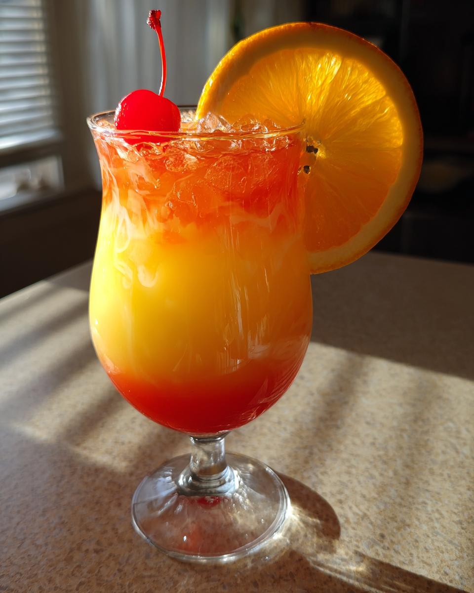 A vibrant Jamaican Me Happy Mocktail in a hurricane glass, layered with orange and red hues, garnished with an orange slice and a maraschino cherry.