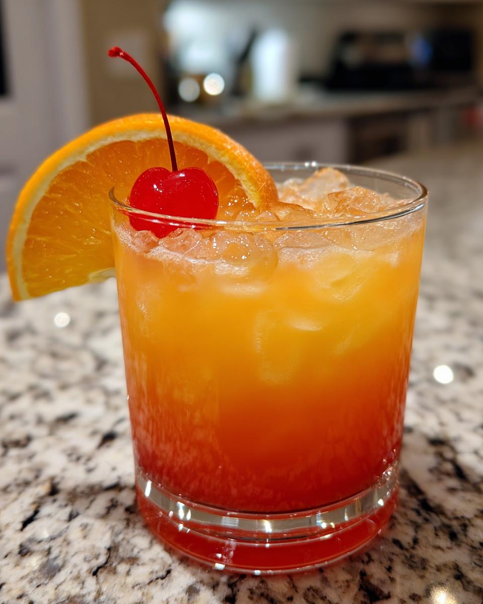 A vibrant Jamaican Rum Punch Mocktail in a glass, garnished with an orange slice and maraschino cherry, filled with ice.