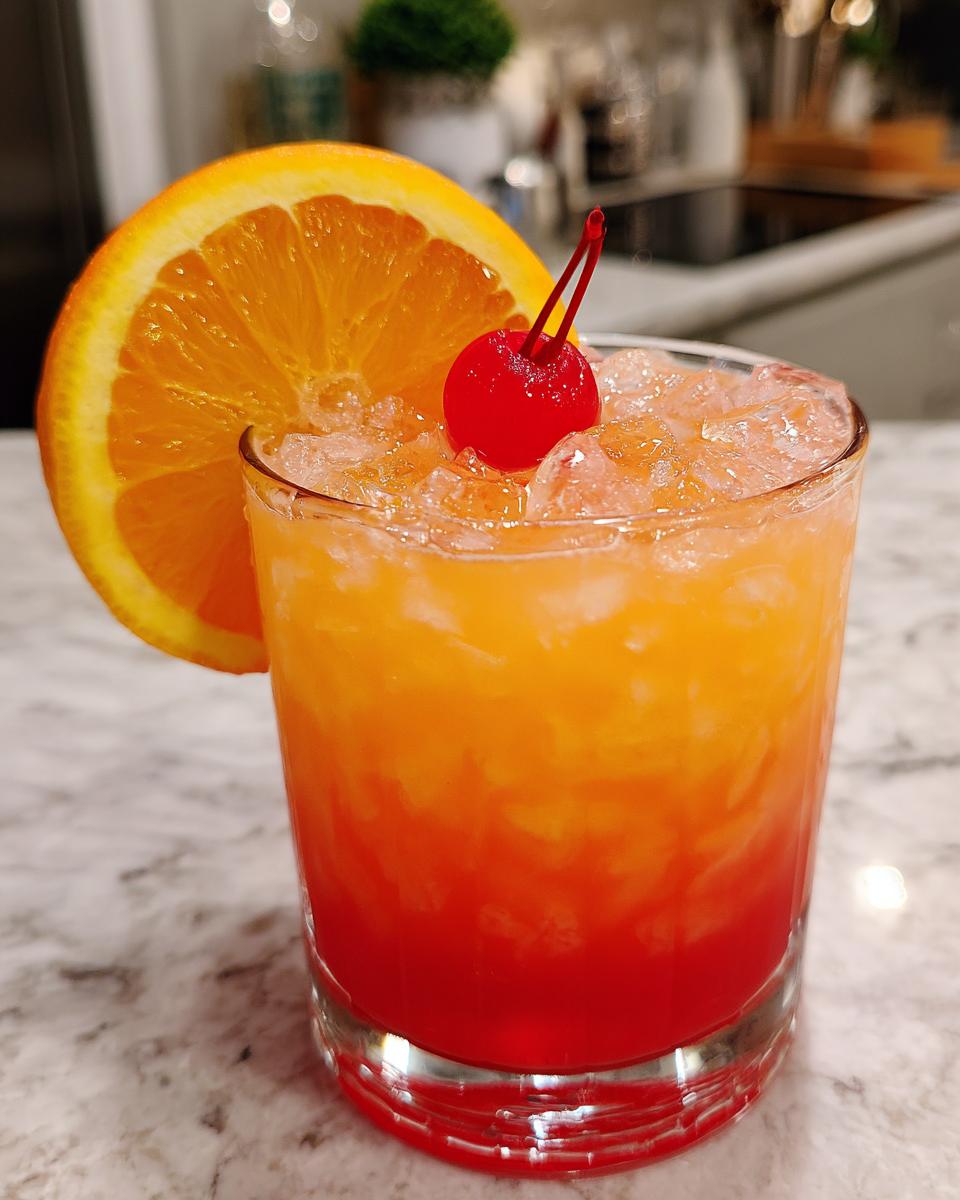 A vibrant Jamaican Rum Punch Mocktail with layered orange and red colors, garnished with an orange slice and cherry.