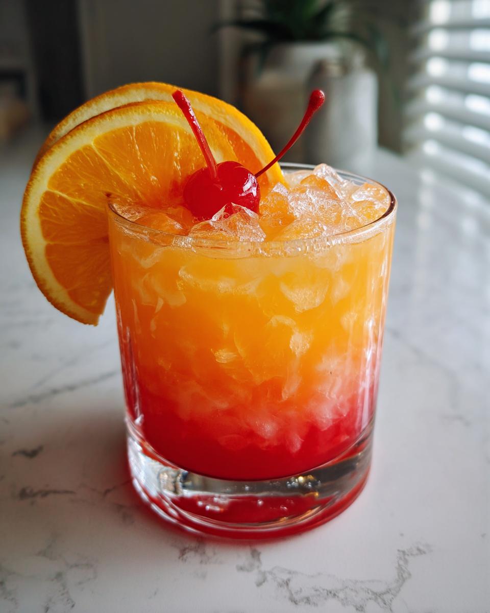 A vibrant Jamaican Rum Punch Mocktail layered with red and orange, garnished with an orange slice, cherry, and crushed ice.