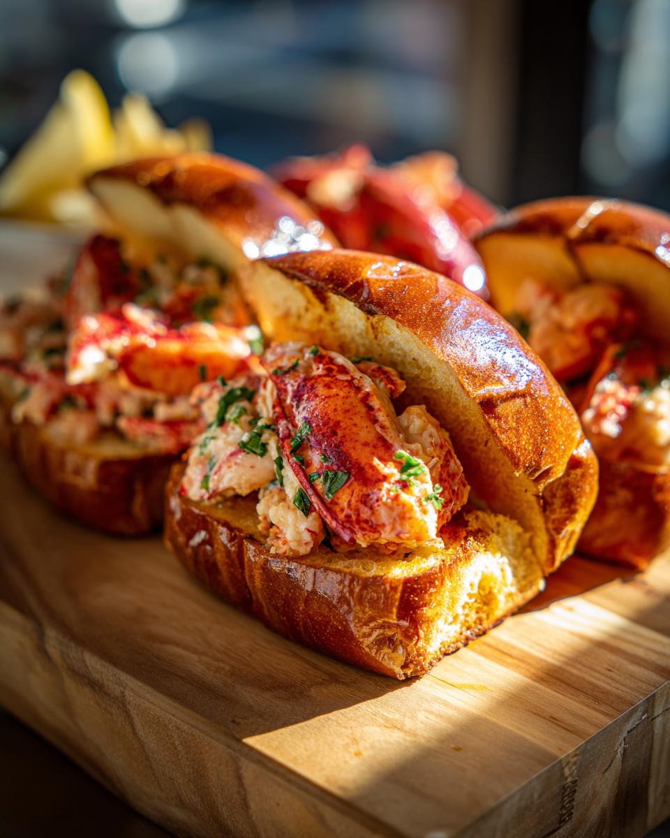 Close-up of delicious Jerk Lobster Rolls generously filled with lobster meat and fresh herbs on toasted brioche buns.