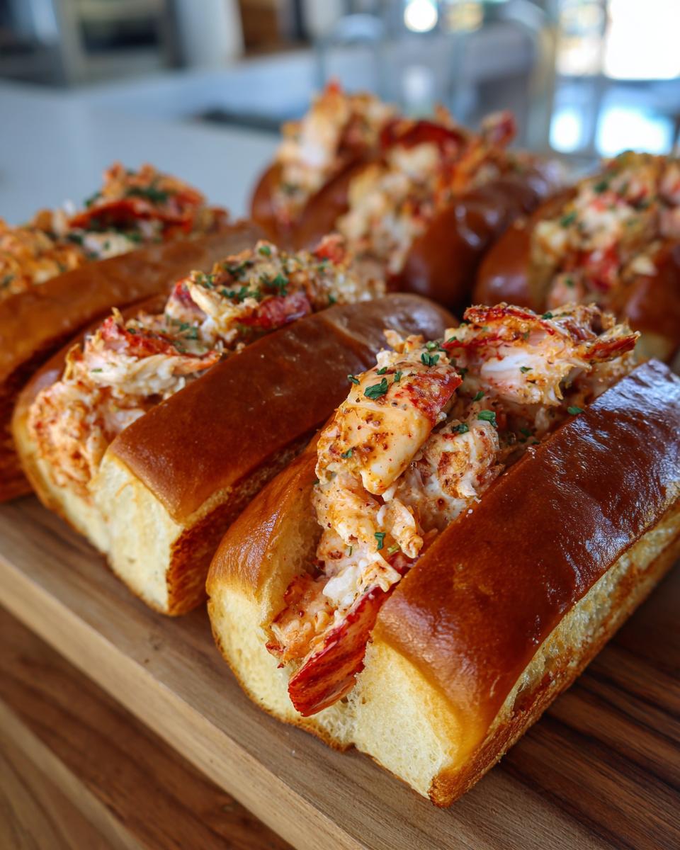 Close-up of several delicious Jerk Lobster Rolls filled with seasoned lobster meat on a wooden board.